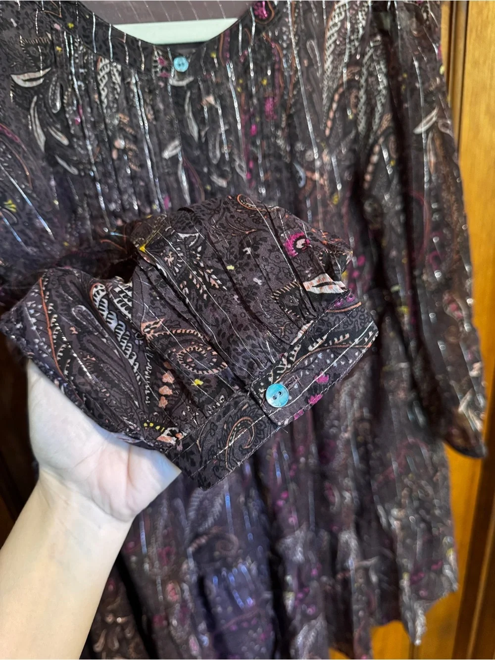 297. Lucky Brand Plum Paisley Long-Sleeve Tiered Dress - Picture 3 of 8